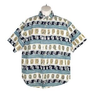 Bugle Boy Shirt Mens Large Short Sleeve Button Up Blue Hawaiian Floral Leaves